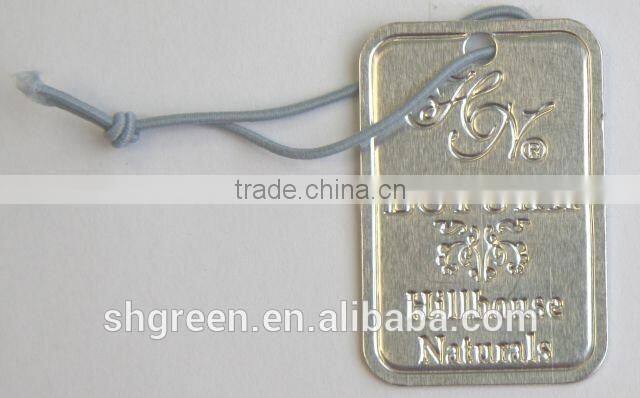 Hot stamping silver white paper hangtag with plastic string tag
