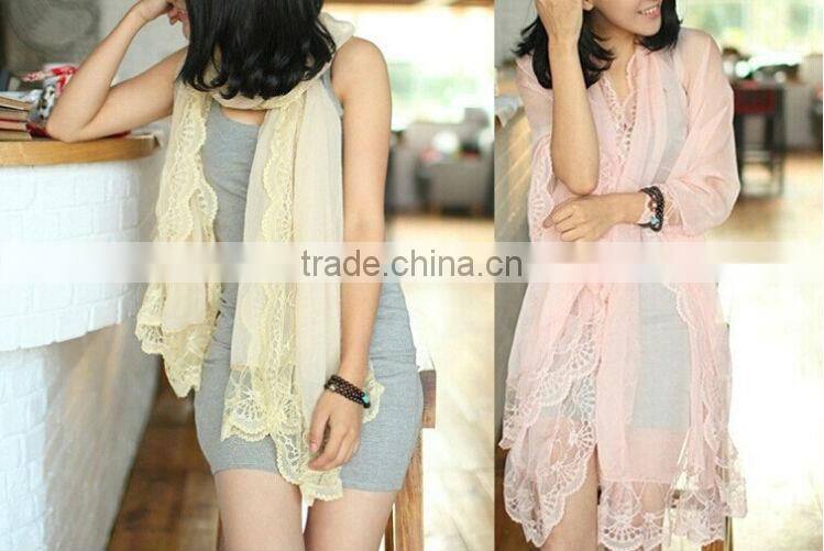 2014 Newest Style Solid Color Silk Chiffon Scarves Lady Girls Lace Edging Scarf Shawl Black Wholesale