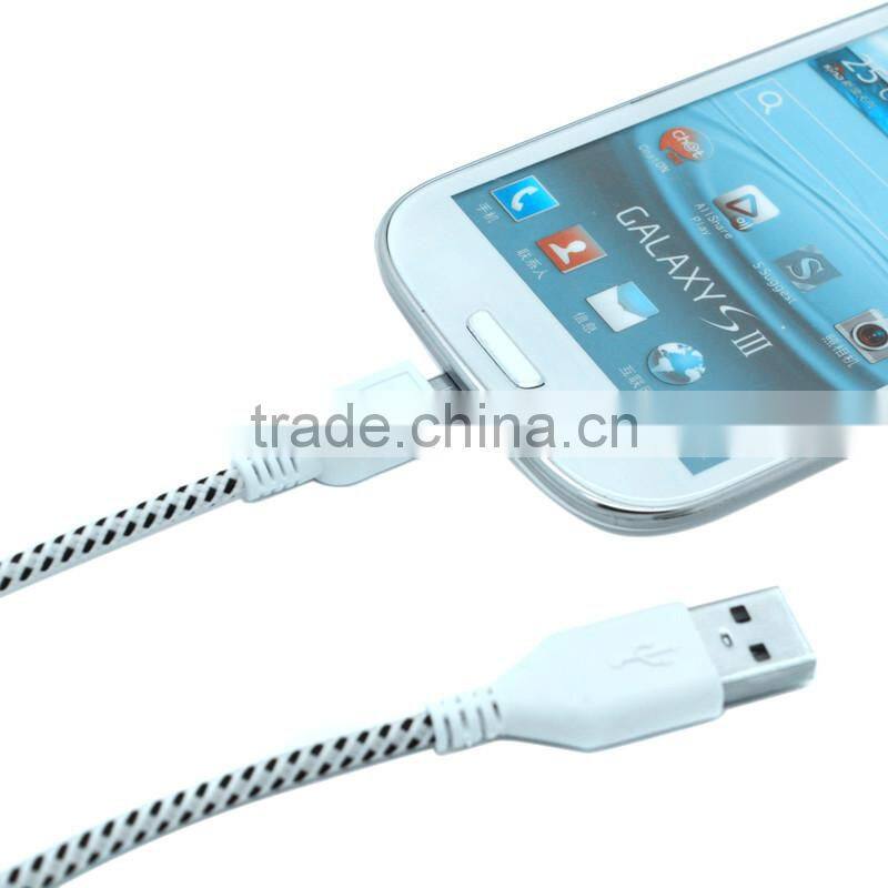 2015 wholesale colorful micro usb cable for Blackberry/HTC/Samsung,2M 6FT fabric nylon braided micro usb cable(white)