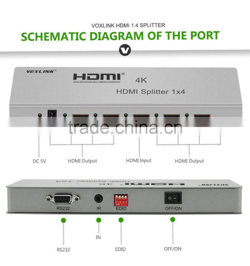 VOXLINK 4K HDMI splitter 1x4 (HDMI 1.4,HDCP1.4 ,4K,IR extension, EDID management, RS232) EU/US/UK/AU