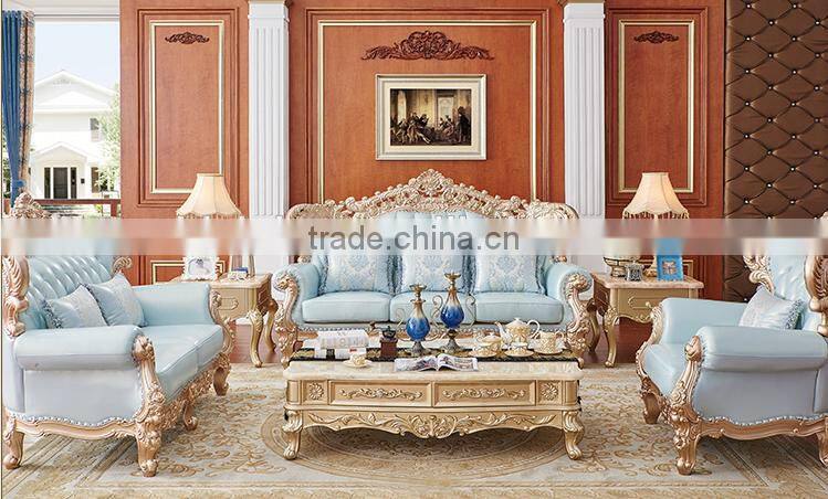 Champagne gold color flower hand carving light blue leather sofa set