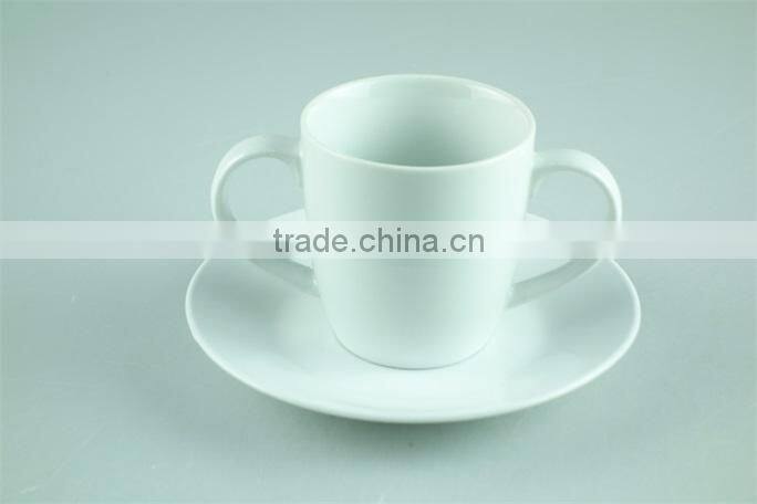 White porcelain cup saucer double handles , stock cups chaozhou factory Sanbo