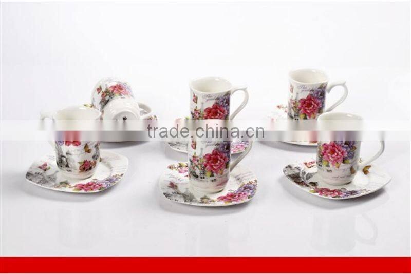 Porcelain coffee cup set gourd shape hot sell tea cup set to turkey market with flower decal
