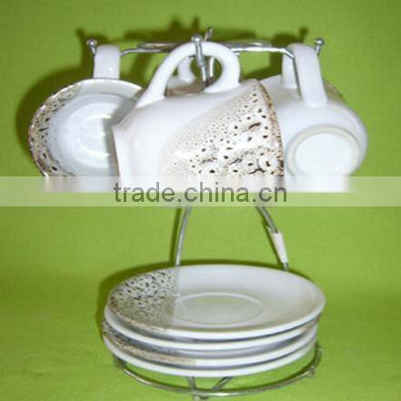 Set of 4 ceramic cups mugs and saucer set with metal stand
