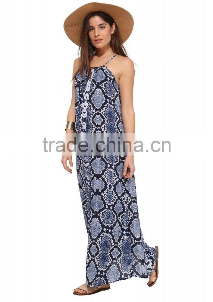 Ladies fashion spaghatti straps snake skin print long chiffon maxi dress