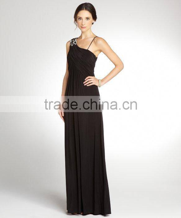 Black Stretch Ruched Embellished One Shoulder Gown,designer clothing manufacturer in China