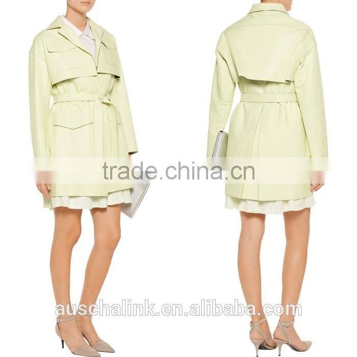 fashion design women light green leather trench coat OEM service