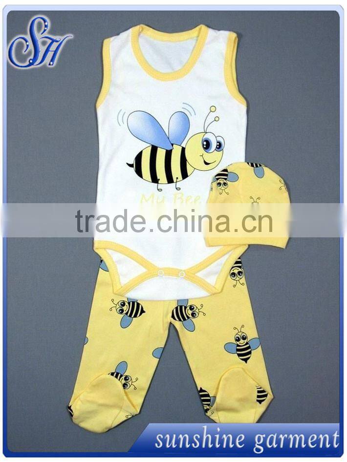 100% Cotton Printing Without Sleeve Baby Romper 3pcs Set