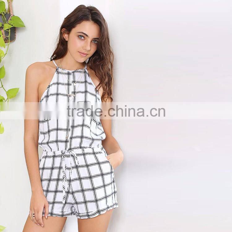 HAODUOYI Women White Plaid Print Lace Up Romper