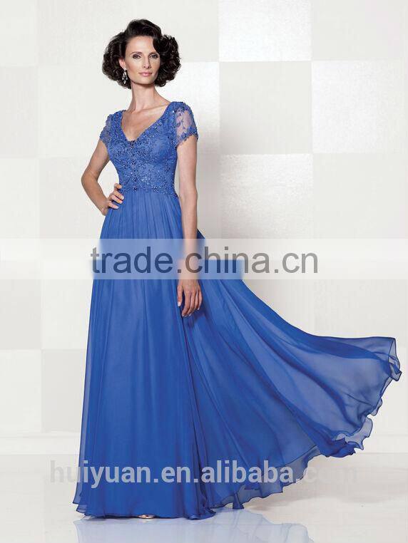 gold long round neck cap sleeve patterns of lace evening dress