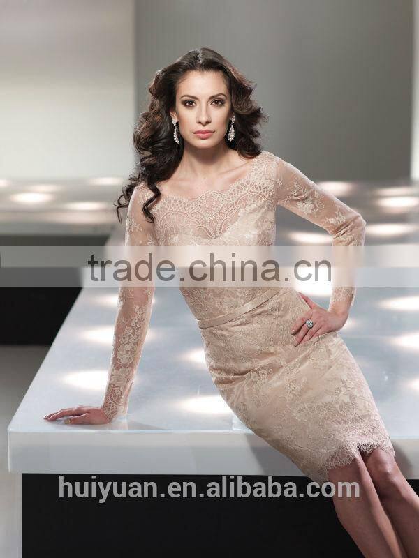 fashion knee length long sleeve open back lace evening dress