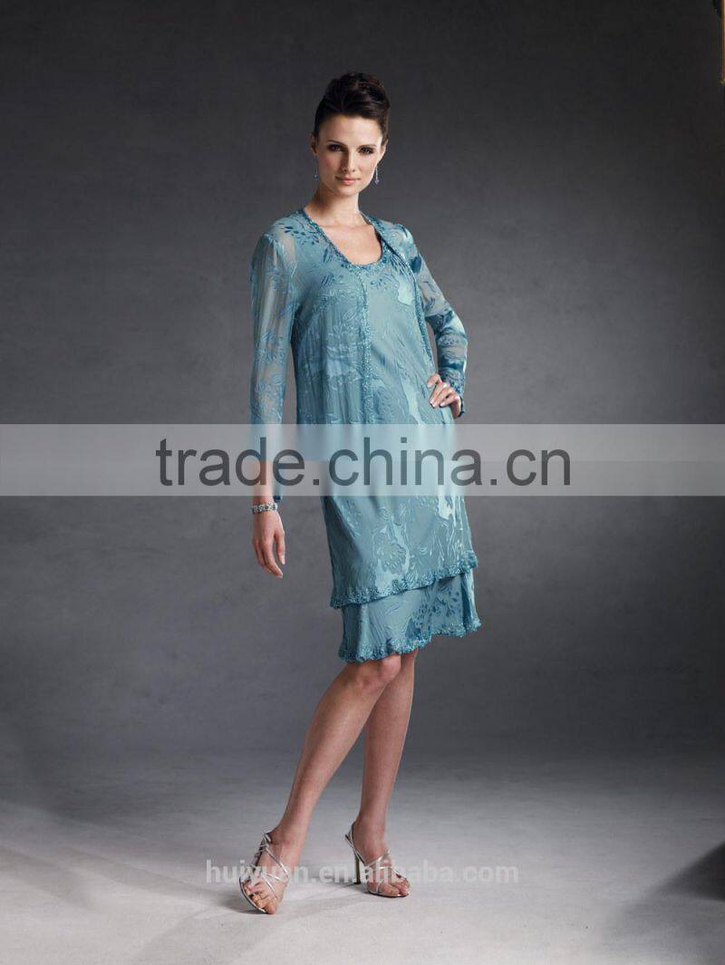 green new long sleeve knee length mother dinner dress