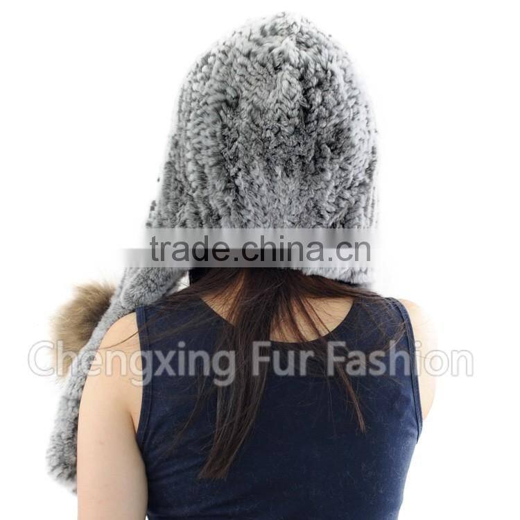 CX-C-242F Ladies Hand Knit Rex Rabbit Fur Hooded Scarf Winter Hats Women