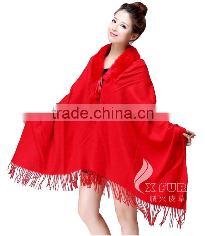 CX-B-P-34A Fur Trimmed Cape Fashion Fur Pashmina Shawl