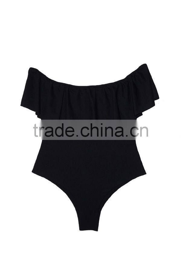 ladies fashion black with big ruffle one-piece swimwear