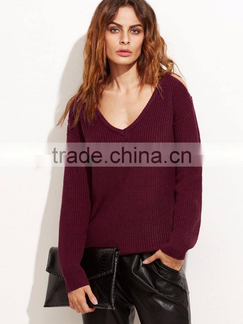 Custom V Neck Cold Shoulder Burgundy Sweater Cotton polyester Blends Drop Shoulder Sweatshirt