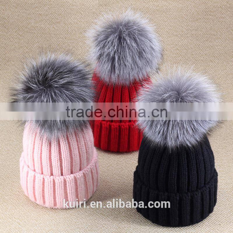 knitted hat with snap silver fox fur ball on top