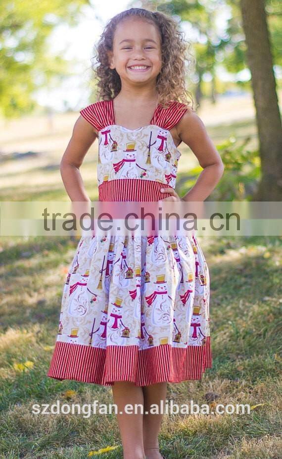 2017 Christmas Girl Party Dress Red Striped Snowman Printed Dress