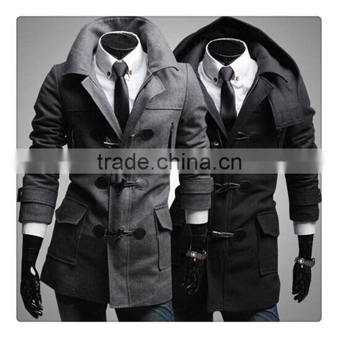 Hot sale cotton and polyester mixed stand collar with hat black and gray 4 size for choice woolen men coat clothing