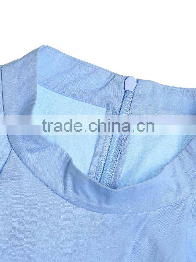 Ladies office sleeveless cotton blue O-neck blouse/shirt tops with back zipper-up