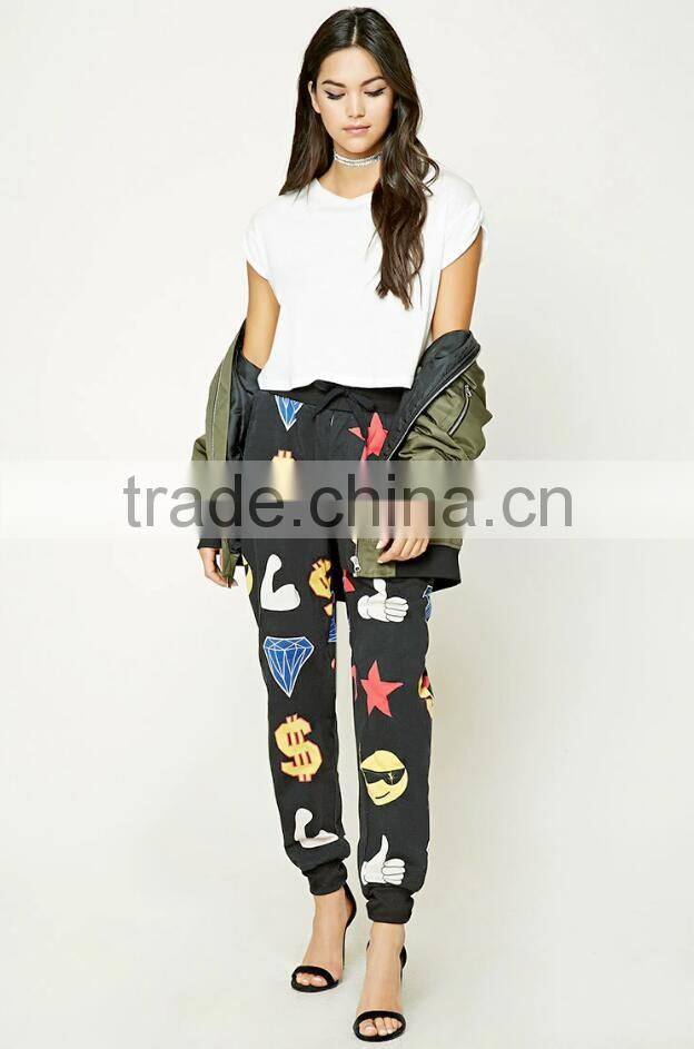 Alibaba OEM Service Womens Spring Outdoor Elastic Narrow Cuff Canvas Printed Pants Trousers