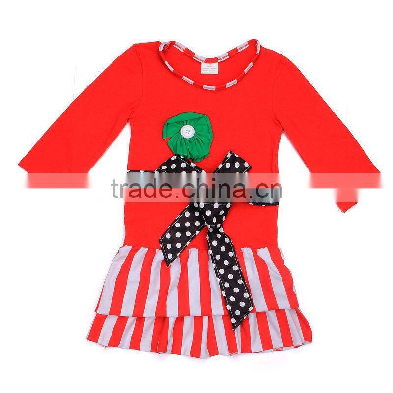 2014new style kids long sleeve dress girls smocking ruffle dress with polka dots for christmas wear wholesale baby clothes