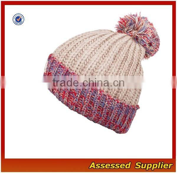 High quality hand-knitted winter cap thick knitting wool beanie hat with pom pom