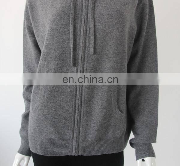 100% pure cashmere women's grey hoodie zipper cardigan sweater