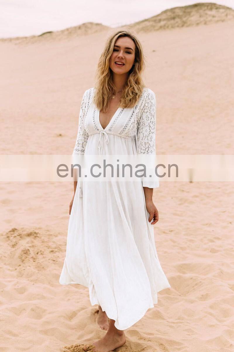 Elegant Lace Patchwork Button Front Open Long Sleeve White Cotton Beach Dress Women Swimwear Cover Up Beach Tunic Plus Size