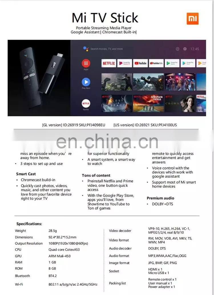 Global Version Mi TV Stick Android 4 K HDR 1GB RAM 8GB ROM Bluetooth 4.2 Mini TV Dongle Xiaomi Mi TV Stick