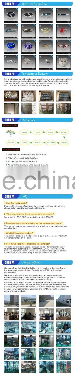 Custom free sample 3D outdoor decorative zinc alloy chrome logo metal car badge emblem with enamel