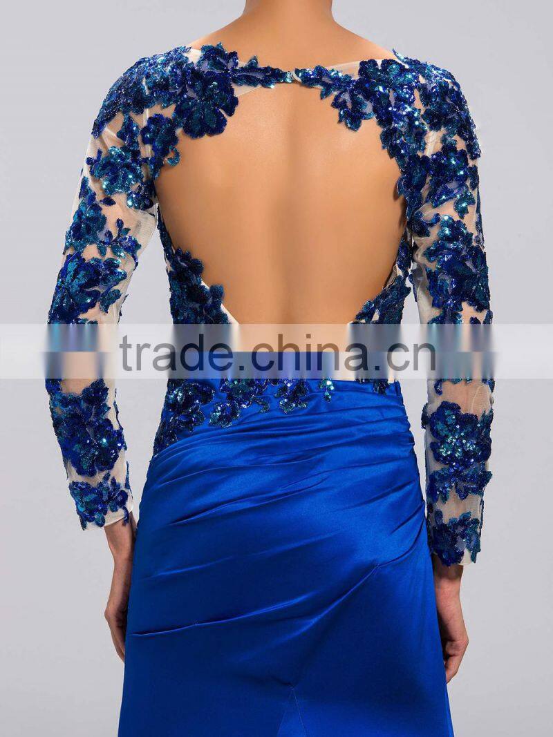 2015 Fashion Scoop Neck Sequin Appliques Long Sleeve Backless Satin Floor Length Mother of the Bride Dress (DVMD-2992)