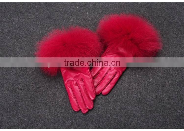 Winter Ladies Sheep Leather Gloves With Beige Fox Fur Cuff