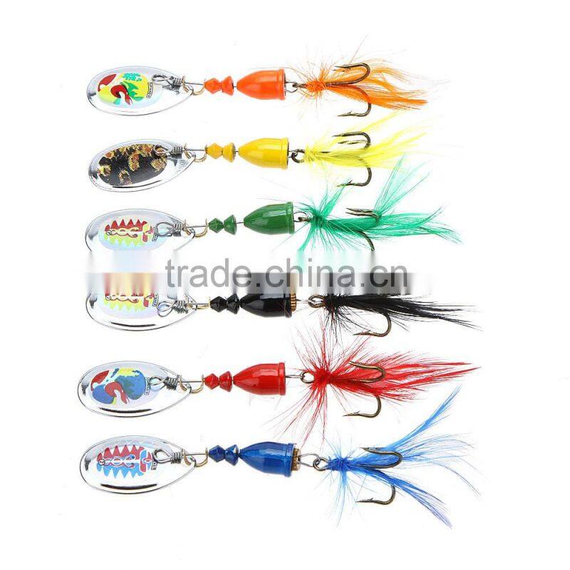 6Pcs 7cm 4g Hard Fishing Lures Spoon Noise Sequin Paillette Baits with Feather Treble Hook Set Tackle