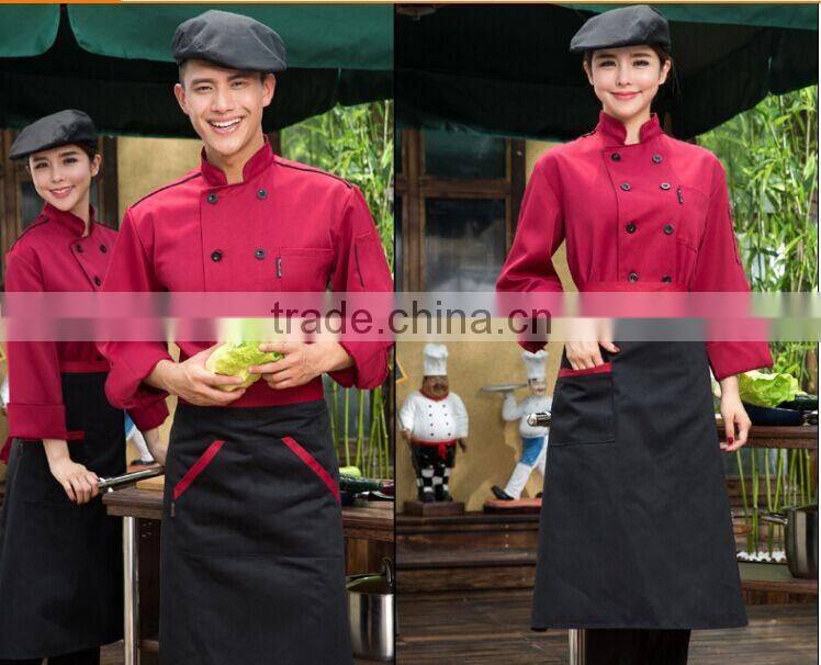 Custom made dark red shirt and black pant /apron Chef Uniforms restaurant waiter long sleeve work sets