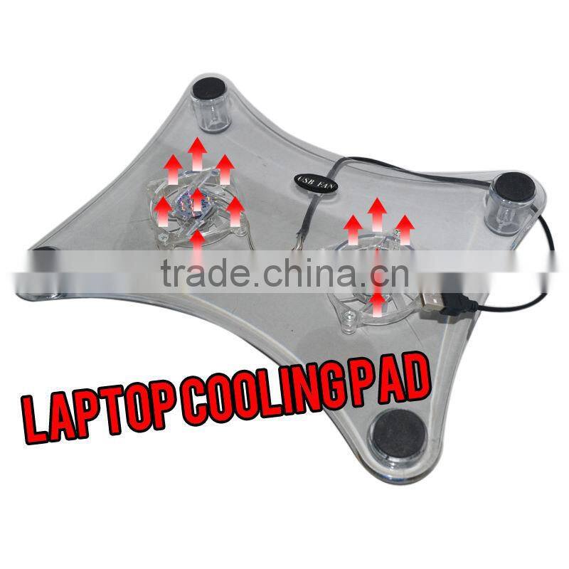 cheap stock selling 2.2mm transparent LAPTOP COOLER COOLING PAD 2 FAN with light FOR LAPTOP Notebook