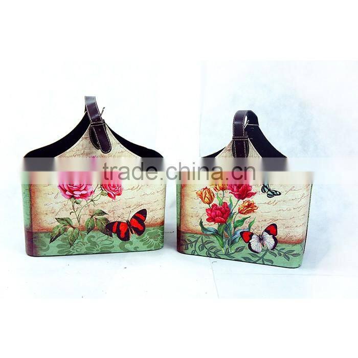 Set Of 2 Faux Leather Magazine Holder Racks Top Handle, Silver Buckles