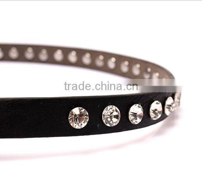 Fashion rhinestone decorated pin buckle sex girl black thin PU waist belt