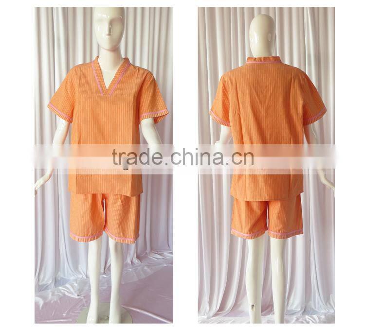 Orange/Green Solid Stripe Unisex Pajama Sets V-Neck Short Sleeve Sleepwear Summer/Autumn Couple Spa Shirt+Pants Pajama Sets