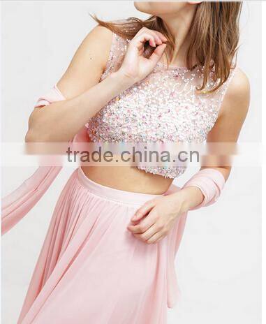 2017 fashion long maxi dresses sleeveless two piece set long skirts and beaded tops for girls party wear dress