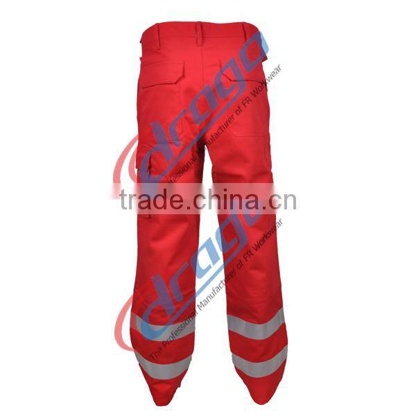 red cotton fire resistant pants with pockets in man legs