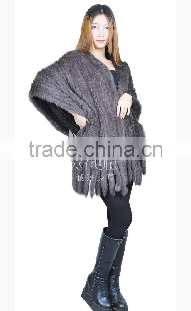 CX-B-14 Women Fashion Fur Strips Knitted Genuine Rabbit Fur Stoles And Shawls