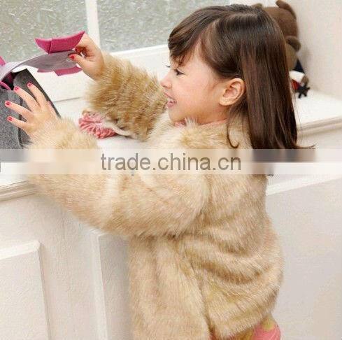 Plain color long child and kids coat with faux fur