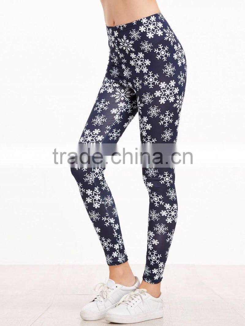 Navy Snowflake Print Leggings Polyester Spandex Outwear Sublimation Print Skinny Gym Jogger Customized Long Pants