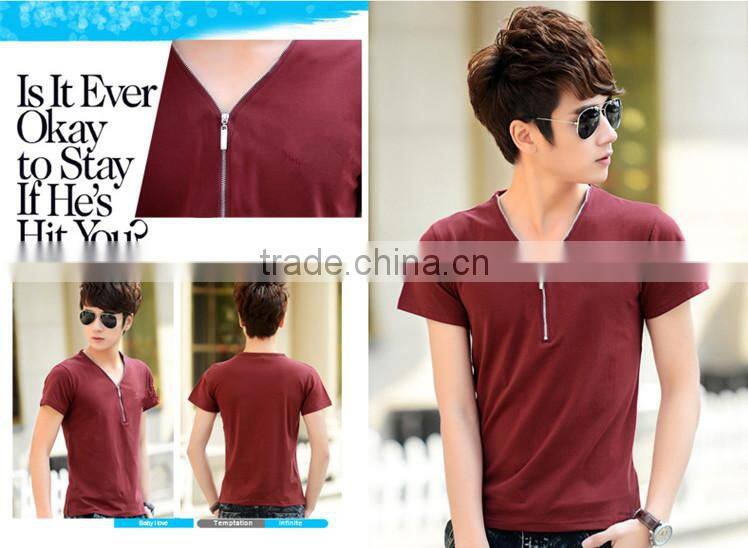 China Factory Latest Style 180 Grams Short Sleeve Round Neck Cotton Black Men Blank Zip T-Shirt