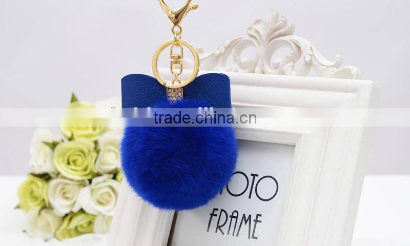 Sweety cute koreal style rex rabbit fur balls keychain with bowknot leather keychain