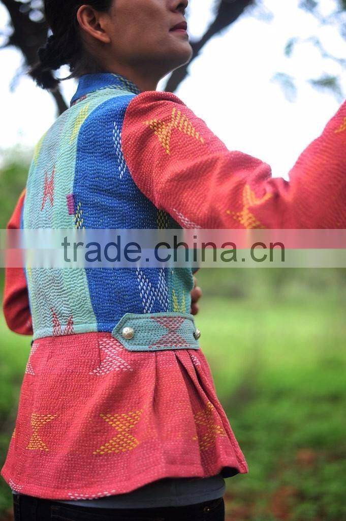 Vintage Kantha Jacket in Color Block & Contrast Lapel ~ Small