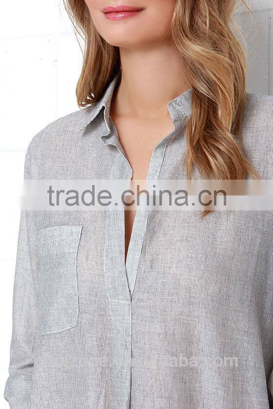 Loose short sleeve with pocket striped design lady blouse