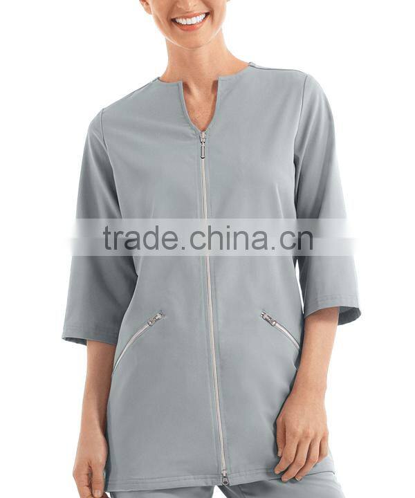 Solid Blue Color OEM Zipper Closure 3/4 Sleeve Women Spa Coat