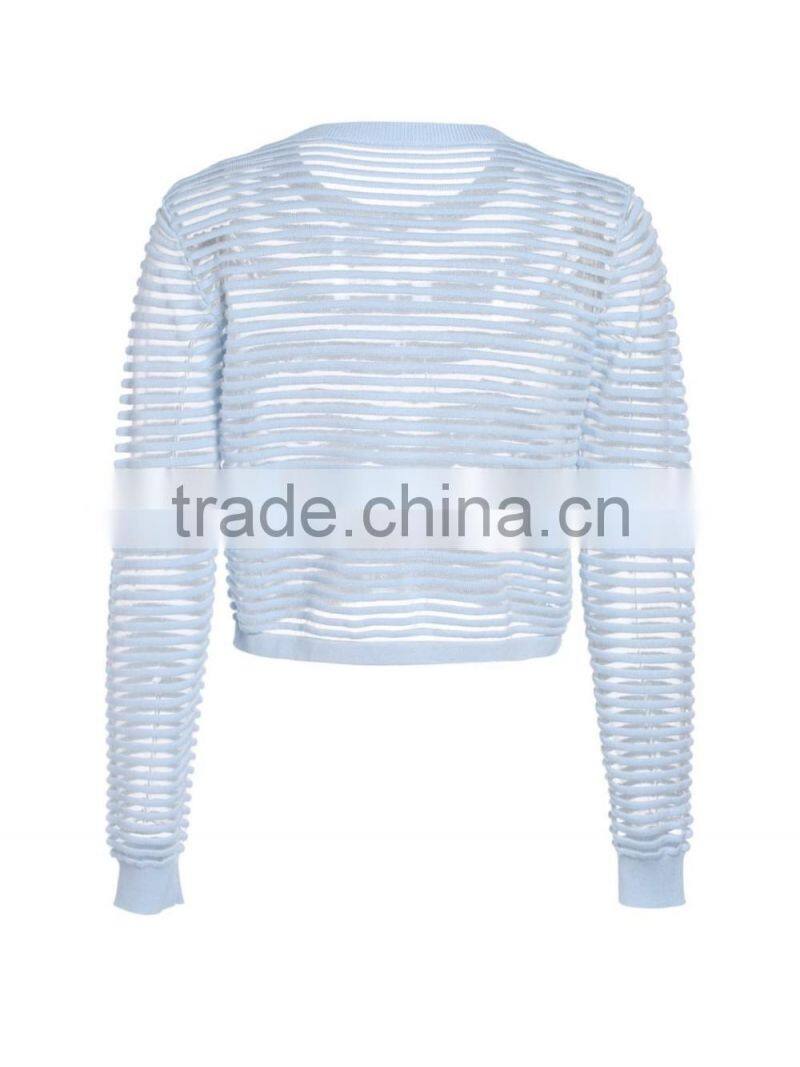 Ladies long sleeve wool kintted striped crewneck sweatshirt/long sleeve t shirt